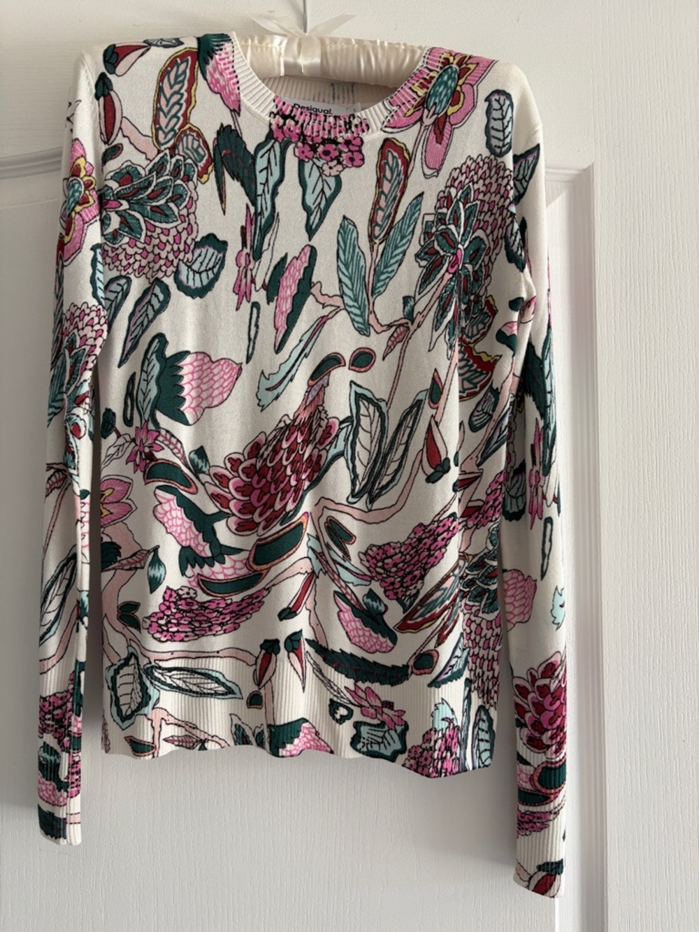 Desigual Cream Crewneck Sweater with Pink & Teal Floral Print
